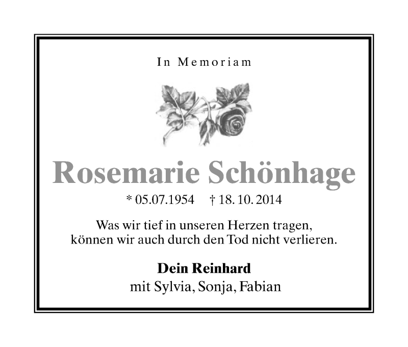  Traueranzeige für Rosemarie Schönhage vom 06.07.2015 aus Lippische Landes-Zeitung