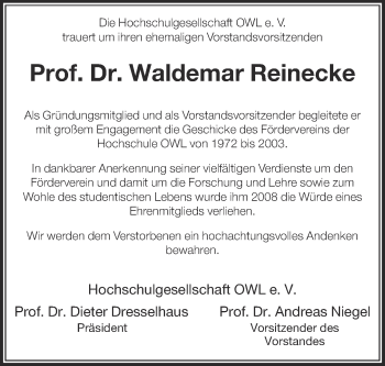 Anzeige  Waldemar Reinecke  Lippische Landes-Zeitung