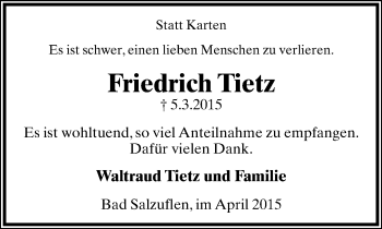 Anzeige  Friedrich Tietz  Lippische Landes-Zeitung