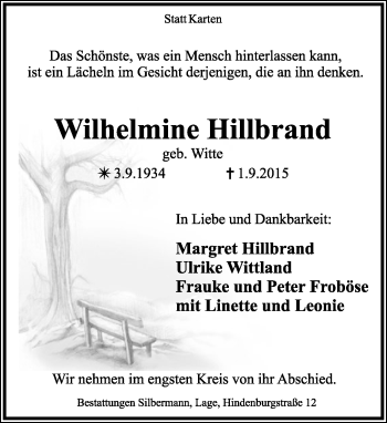 Anzeige  Wilhelmine Hillbrand  Lippische Landes-Zeitung