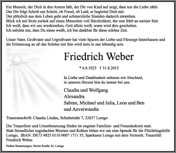 Anzeige  Friedrich Weber  Lippische Landes-Zeitung
