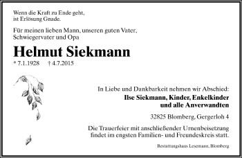Anzeige  Helmut Siekmann  Lippische Landes-Zeitung