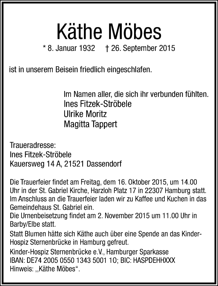  Traueranzeige für Käthe Möbes vom 10.10.2015 aus Lippische Landes-Zeitung