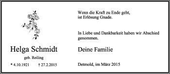 Anzeige  Helga Schmidt  Lippische Landes-Zeitung