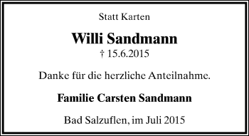 Anzeige  Willi Sandmann  Lippische Landes-Zeitung