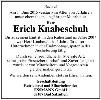 Anzeige  Erich Knabeschuh  Lippische Landes-Zeitung