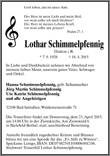 Anzeige  Lothar Schimmelpfennig  Lippische Landes-Zeitung