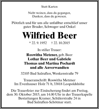 Anzeige  Wilfried Beer  Lippische Landes-Zeitung