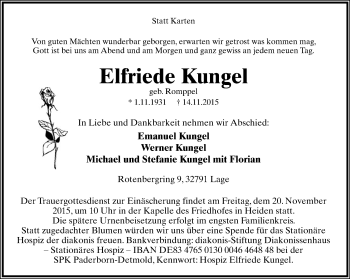 Anzeige  Elfriede Kungel  Lippische Landes-Zeitung