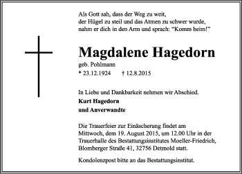 Anzeige  Magdalene Hagedorn  Lippische Landes-Zeitung
