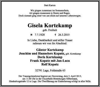 Anzeige  Gisela Kortekamp  Lippische Landes-Zeitung