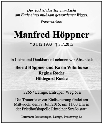 Anzeige  Manfred Höppner  Lippische Landes-Zeitung