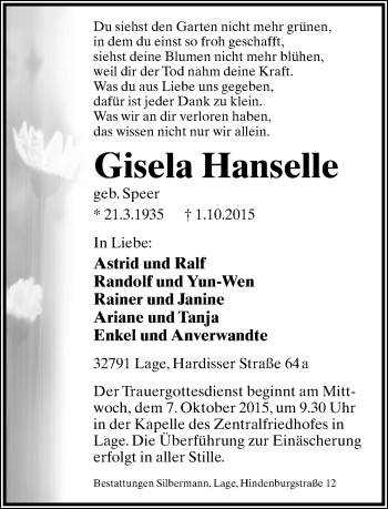 Anzeige  Gisela Hanselle  Lippische Landes-Zeitung