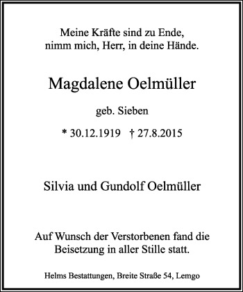 Anzeige  Magdalene Oelmüller  Lippische Landes-Zeitung