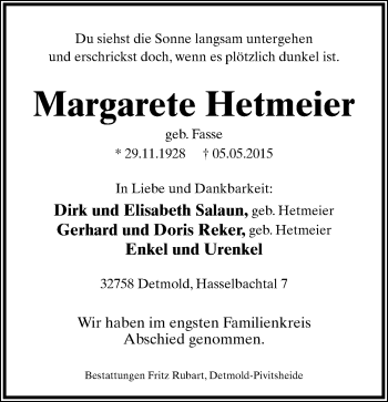 Anzeige  Margarete Hetmeier  Lippische Landes-Zeitung