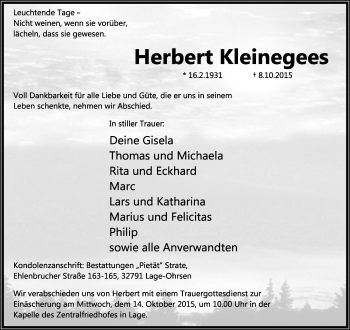 Anzeige  Herbert Kleinegees  Lippische Landes-Zeitung