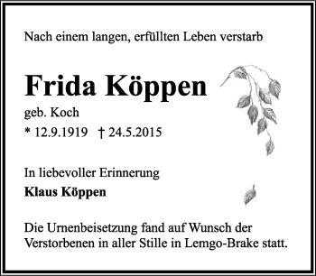 Anzeige  Frida Köppen  Lippische Landes-Zeitung