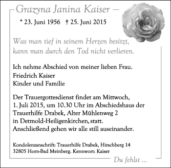 Anzeige  Grazyna Janina Kaiser  Lippische Landes-Zeitung