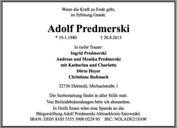 Anzeige  Adolf Predmerski  Lippische Landes-Zeitung