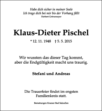 Anzeige  Klaus-Dieter Pischel  Lippische Landes-Zeitung