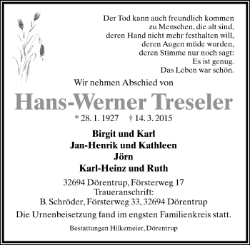 Anzeige  Hans-Werner Treseler  Lippische Landes-Zeitung