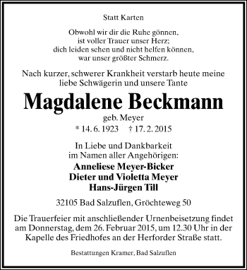 Anzeige  Magdalene Beckmann  Lippische Landes-Zeitung