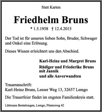 Anzeige  Friedhelm Bruns  Lippische Landes-Zeitung