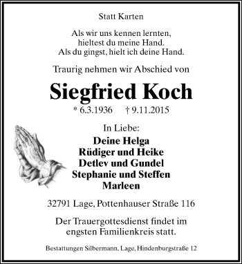 Anzeige  Siegfried Koch  Lippische Landes-Zeitung