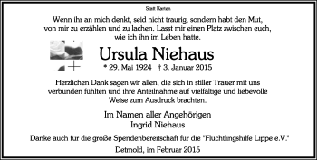 Anzeige  Ursula Niehaus  Lippische Landes-Zeitung