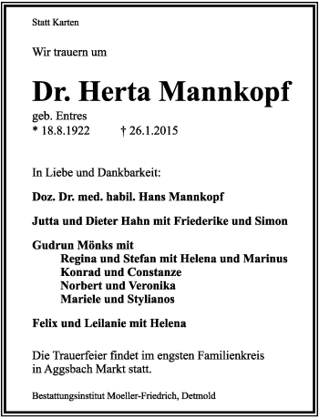 Anzeige  Herta Mannkopf  Lippische Landes-Zeitung