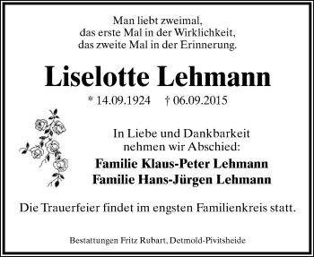 Anzeige  Liselotte Lehmann  Lippische Landes-Zeitung