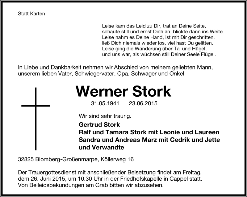 Traueranzeige für Werner Stork vom 24.06.2015 aus Lippische Landes-Zeitung