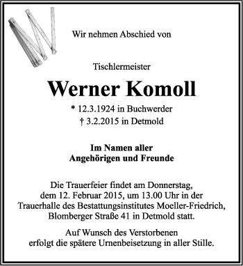 Anzeige  Werner Komoll  Lippische Landes-Zeitung