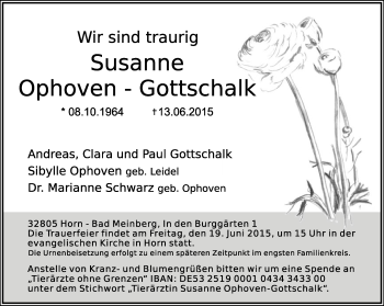 Anzeige  Susanne Ophoven-Gottschalk  Lippische Landes-Zeitung