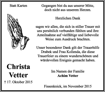 Anzeige  Christa Vetter  Lippische Landes-Zeitung