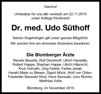 Anzeige  Udo Süthoff  Lippische Landes-Zeitung