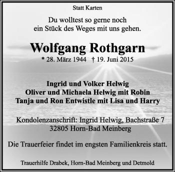Anzeige  Wolfgang Rothgarn  Lippische Landes-Zeitung