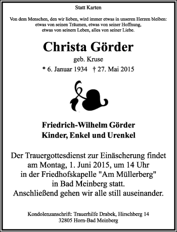 Anzeige  Christa Görder  Lippische Landes-Zeitung