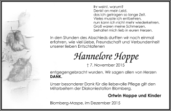 Anzeige  Hannelore Hoppe  Lippische Landes-Zeitung
