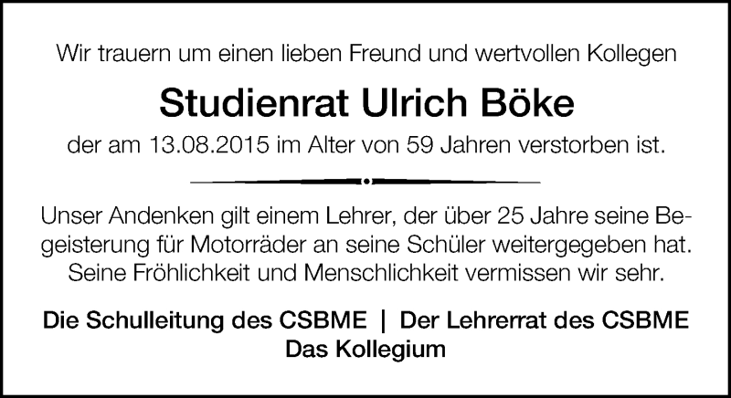  Traueranzeige für Ulrich Böke vom 20.08.2015 aus Lippische Landes-Zeitung