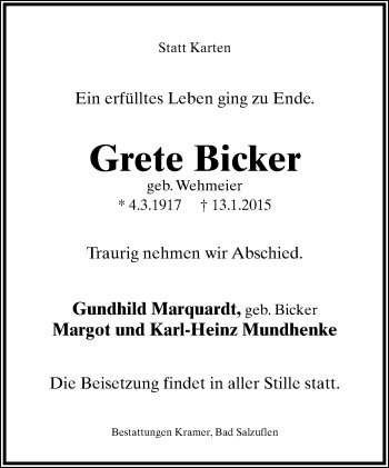 Anzeige  Grete Bicker  Lippische Landes-Zeitung