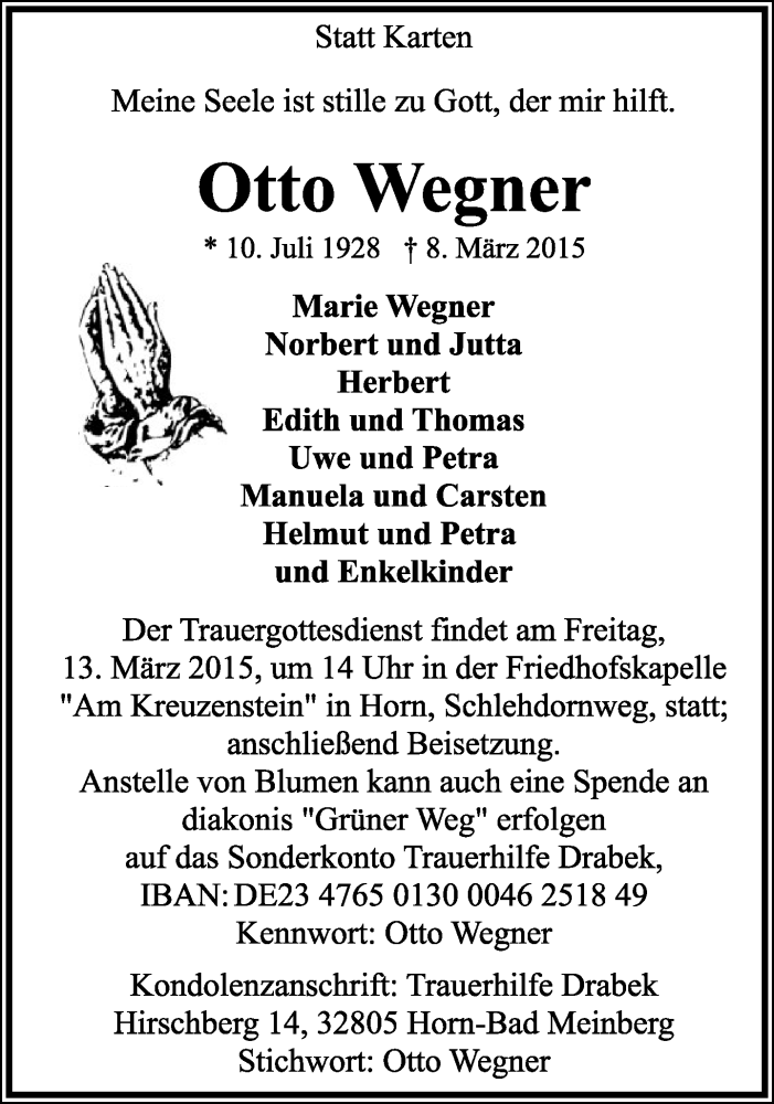  Traueranzeige für Otto Wegner vom 11.03.2015 aus Lippische Landes-Zeitung