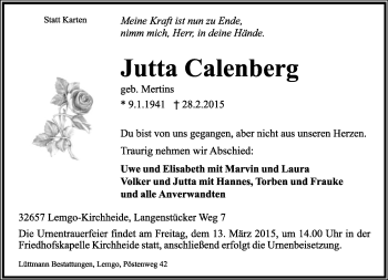 Anzeige  Jutta Calenberg  Lippische Landes-Zeitung