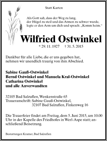 Anzeige  Wilfried Ostwinkel  Lippische Landes-Zeitung