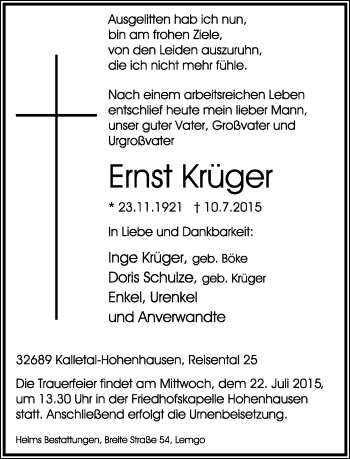 Anzeige  Ernst Krüger  Lippische Landes-Zeitung
