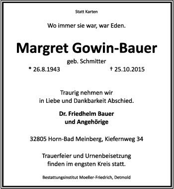 Anzeige  Margret Gowin-Bauer  Lippische Landes-Zeitung