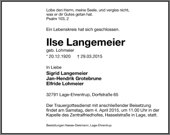 Anzeige  Ilse Langemeier  Lippische Landes-Zeitung