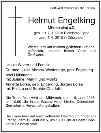 Anzeige  Helmut Engelking  Lippische Landes-Zeitung