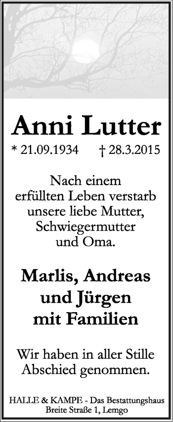 Anzeige  Anni Lutter  Lippische Landes-Zeitung