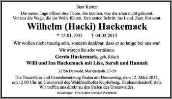 Anzeige  Wilhelm (Hacki) Hackemack  Lippische Landes-Zeitung